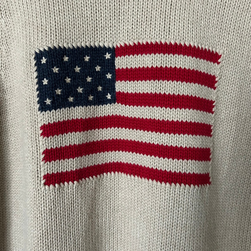 Lands End Sweater 100% Cotton Beige American Flag Intarsia Knit Size Medium - Picture 3 of 6